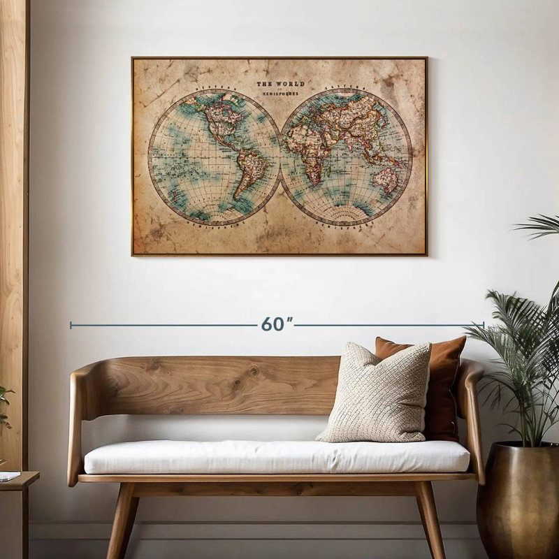 Hemisphere Map, 25" X 17", Floating Frame Gold