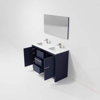 Ensemble de meuble-lavabo double bleu marine l 48 po x P 20 po, comptoir en quartz blanc, robinet en métal et miroir 43 po