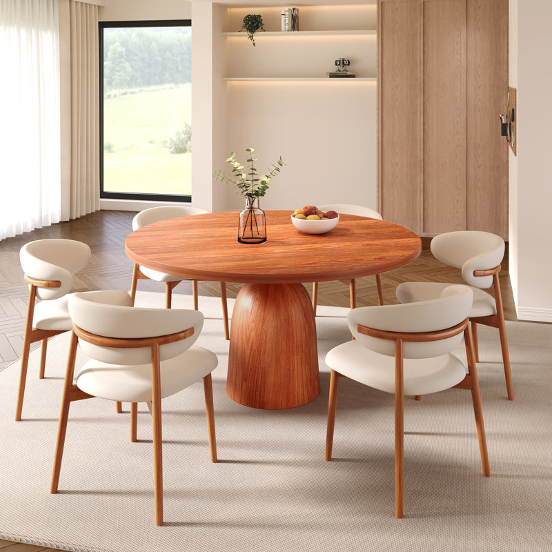 Ensemble de 7 tables de salle à manger rondes en bois massif avec 6 chaises, H 29,52 po x l 59,05 po x P 59,05 po