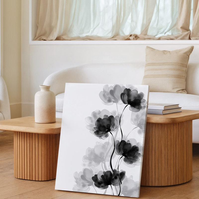 Toile, conception monochrome minimaliste mettant en vedette des silhouettes délicates de fleurs qui se chevauchent avec des pétales arrondis sur toile