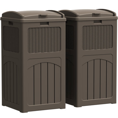 35 Gallon Outdoor Plastic Manual Lift Trash Hideaway Container Set Of 2