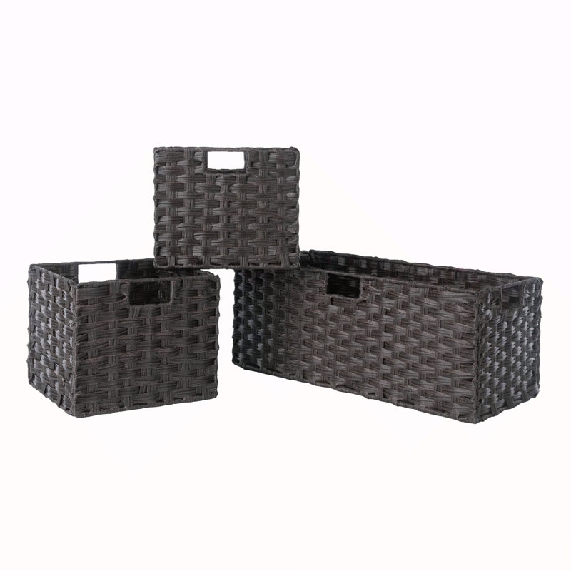 3-Pc Foldable Woven Fiber Basket Set; Chocolate, Chocolate