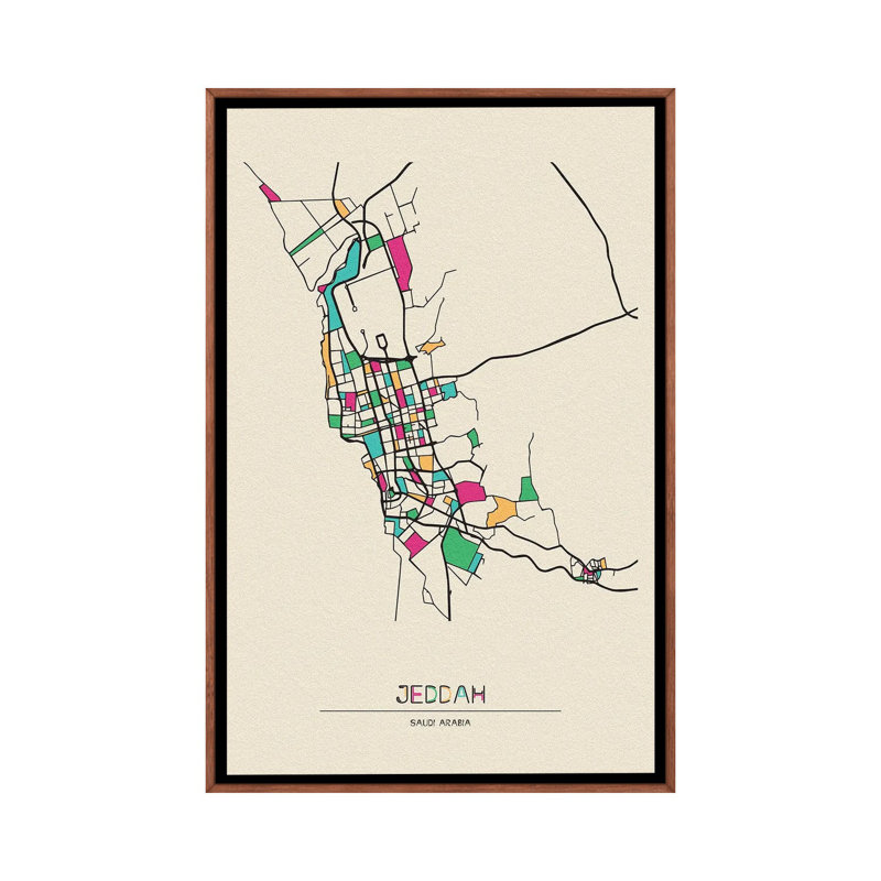 Jeddah, Saudi Arabia Map by Ayse Deniz Akerman - Floater Frame Print on Canvas, Brown Floater Frame, 66.04 cm H x 45.72 cm W