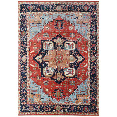 Wool Oriental Area Rug in Rust/Blue/Navy