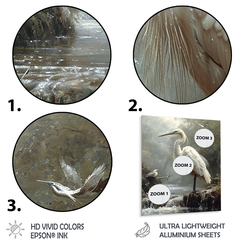 Héron blanc à la recherche de rivière prier - Héron, art mural, Sans cadre, métal, H 32 po x l 16 po