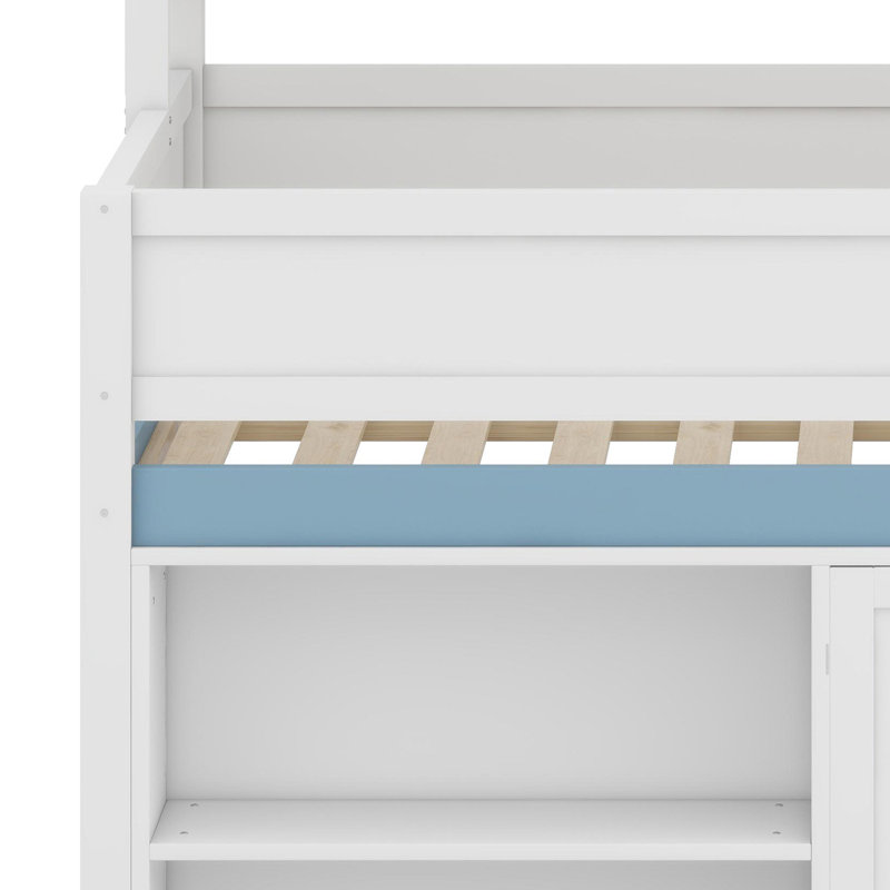 Lit mezzanine moderne avec toit à baldaquin et armoire de rangement intégrée, Blanc et bleu