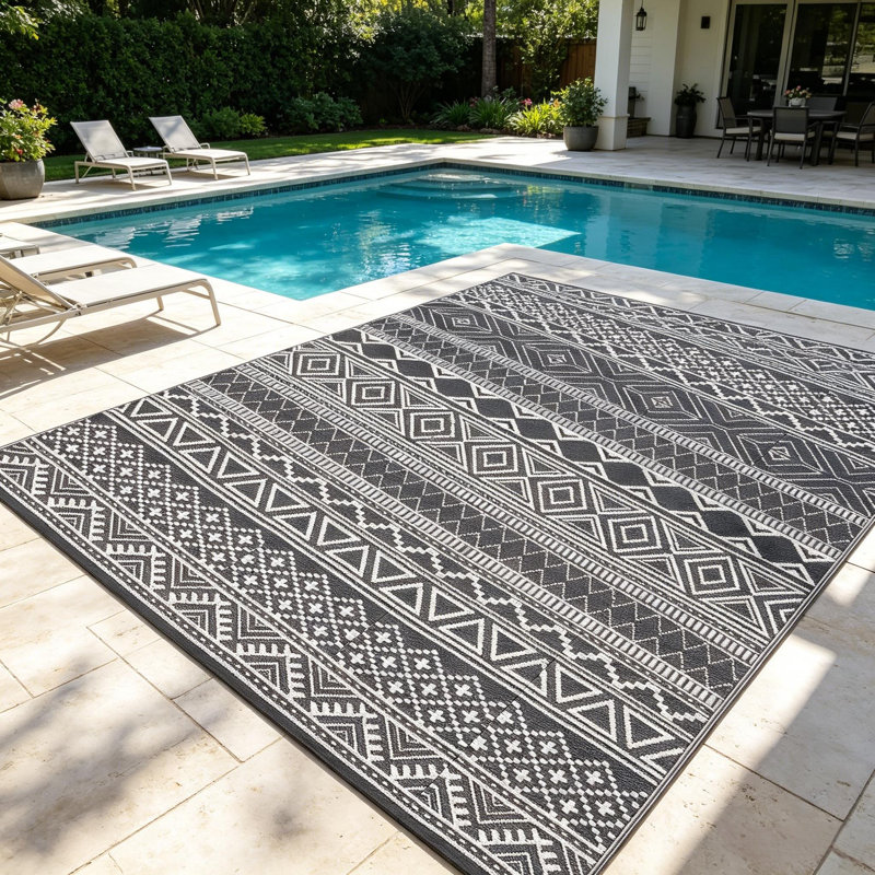 Tapis paille en plastique pour porche, cour arrière, balcon, pique-nique, Black, Rectangle 10' x 14'