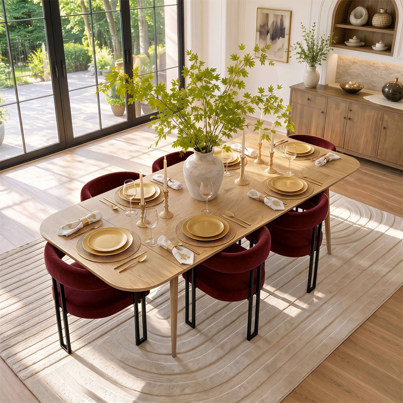 Ensemble de table de salle à manger pour 6 personnes avec table extensible et 6 fauteuils rembourrés en velours, Bourgogne