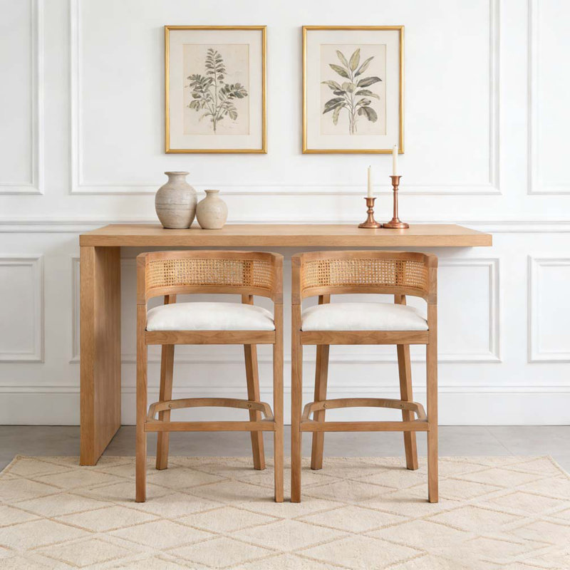 Tabourets de bar rembourrés en bois et rotin, Beige, naturel, chêne