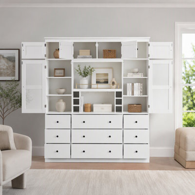 Wide Freestanding Kitchen Pantry Cabinet with Drawers and Wine Storage for Versatile Home Organization Needs