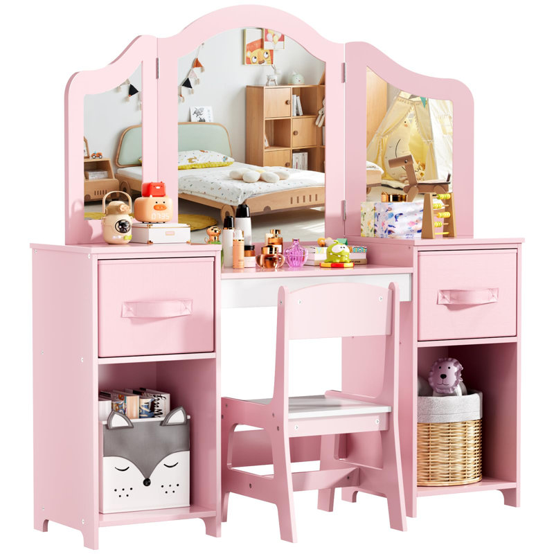 Dressing Table with Mirror, White/Pink