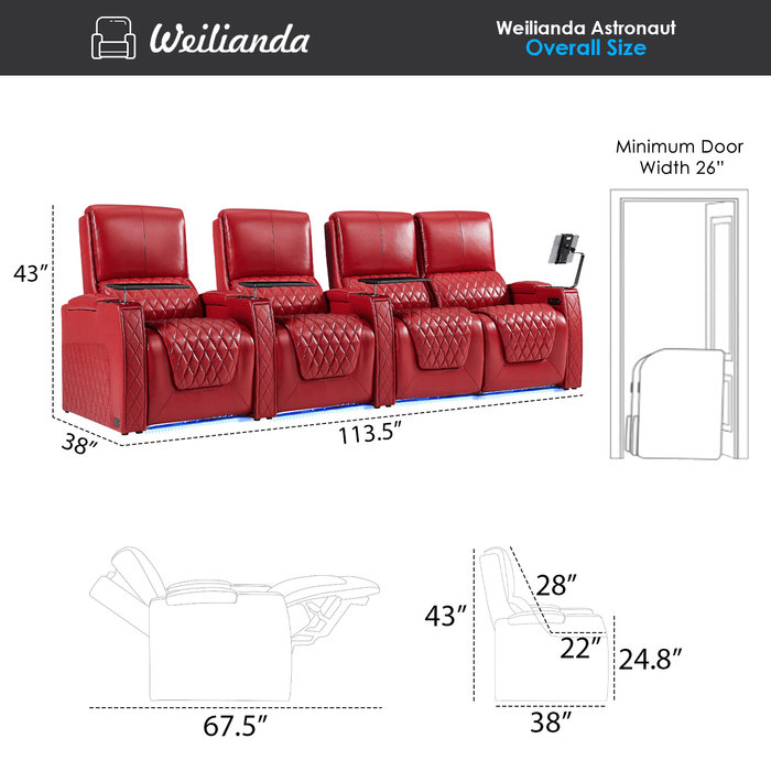 Canapé inclinable électrique Haiylee , Cuir véritable rouge
