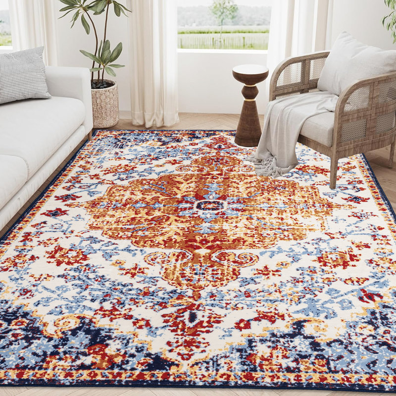Area Rug 8x10 Vintage Design, Bohemian Touch, Non-slip Washable, Amber For Home Living Room Bedroom Kitchen Rug, Pattern, Colored Floor Covering