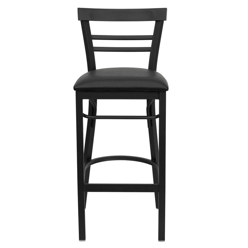 Worley Two-Slat Ladder Back Metal Restaurant and Dining Barstool with Vinyl Upholstered Seat, Black, 1