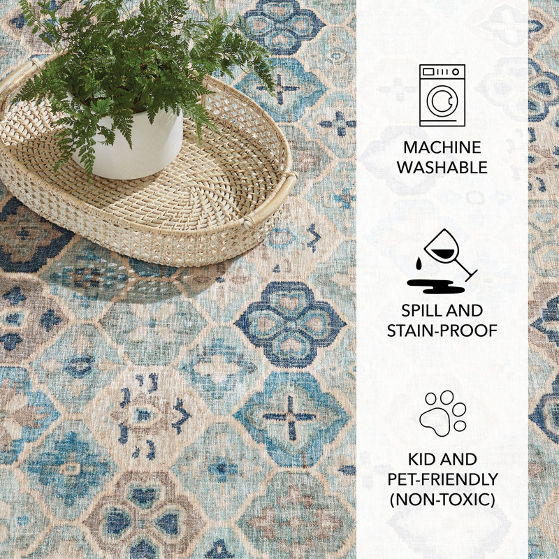 Pali Blue Machine Washable Rug, Rectangle 4' x 6'