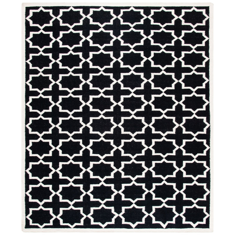 Rodgers Hand Woven Flat Weave Wool/Cotton Geometric Rug in White/Black, Rectangle 8' x 10'