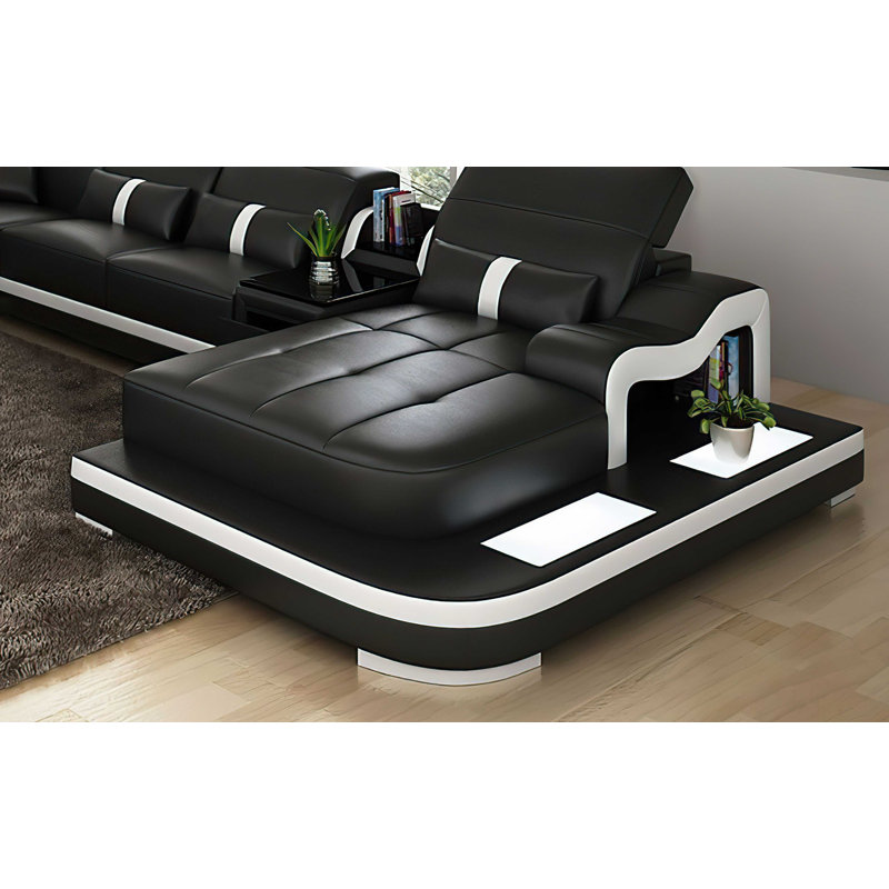 Linsee 168" Wide Leather Modular Sofa & Chaise with Ottoman, Left Hand Facing, Black/White Faux Leather