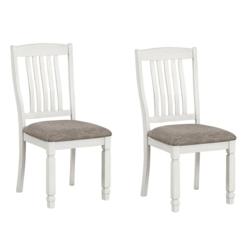 Ensemble de 2 chaises de salle à manger Dola, bois blanc rustique, tissu gris, dossier à lattes