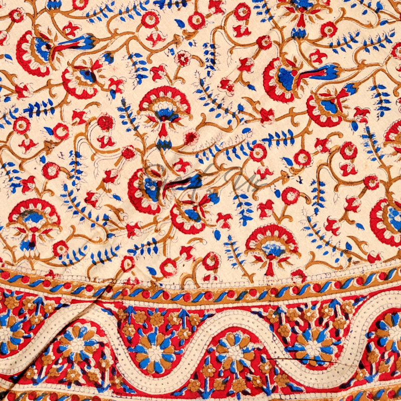 Block Print Floral Cotton Round Tablecloth, Red