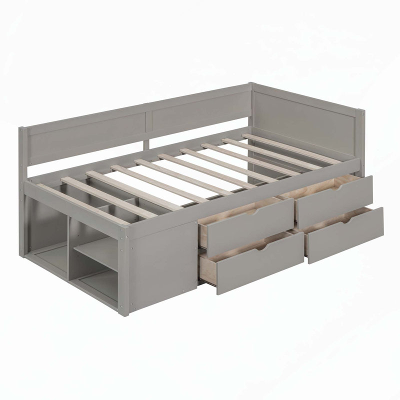 Lit de jour simple polyvalent avec tiroirs et tablettes pour espaces compacts, Gris, Lit simple