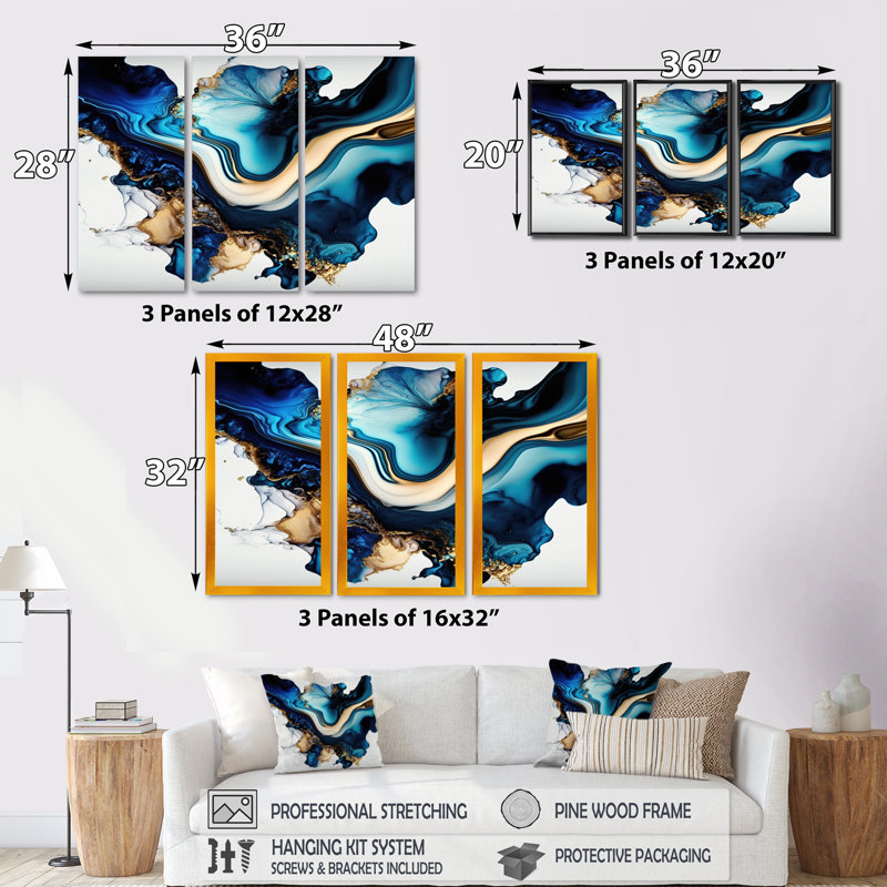 «Abstract Marble Geode Blue II», reproduction sur toile 3 pièces, Cadre flottant noir, H 28 po x l 36 po x P 1 po