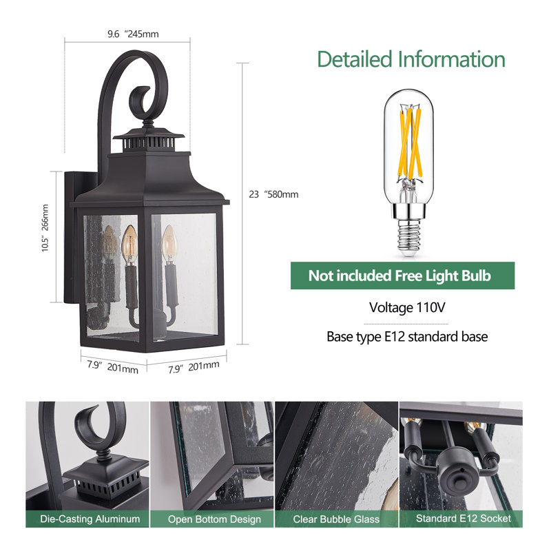 23" Vintage Black Outdoor Wall Lantern Sconce with Clear Seeded Glass for Porch, Patio & Garden - Traditional Exterior Light Fixture