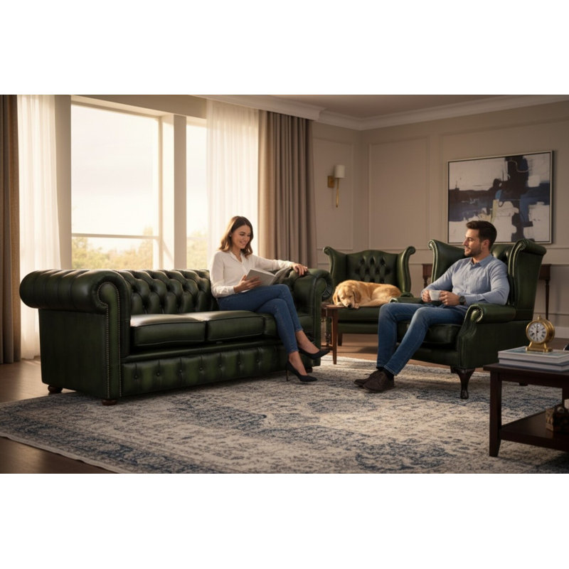 Chesterfield 3 Piece Suite. 3 Seater Sofa + Club Chair + Queen Anne Wing Chair Leather Sofa Suite Offer Antique, Green