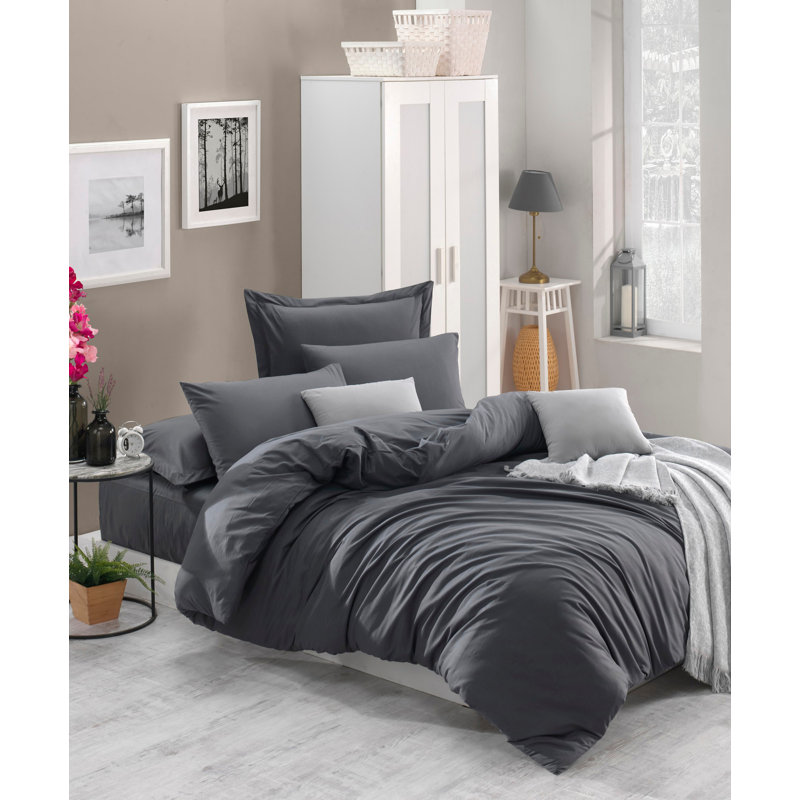 Ensemble de housse de couette double Luxury Ranforce, couleur fumée, 78,7 x 86,6 pouces | 100% coton, 142 fils | Comprend 2 taies d'oreiller (19,7 po x 27,6 po) | Lavable à la machine, fermeture à boutons pour une utilisation facile, literie élégante