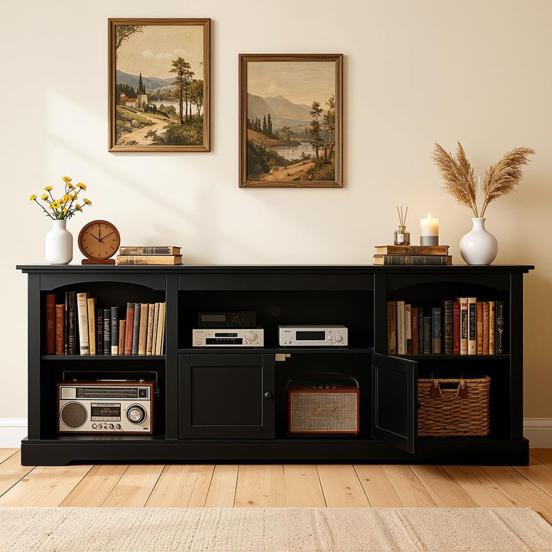 71" TV Stand For Tvs Up To 80 Inch,Modern Farmhouse Entertainment Center With Arched Cabinet Doors & Open Adjustable Storage Shelves,Media Console Table For Living Room,Black