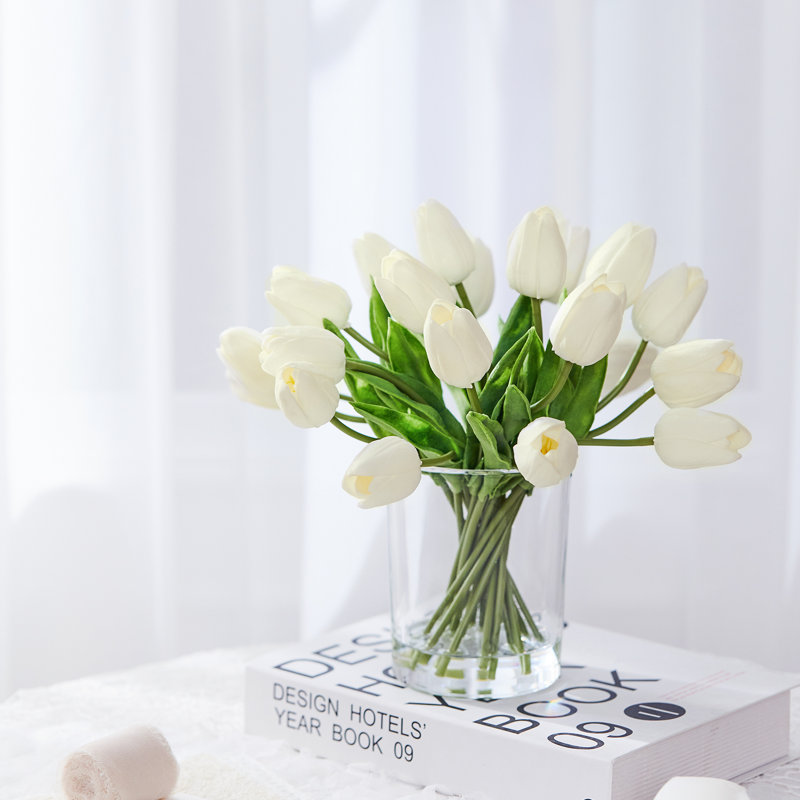 20 Picecs PU Fake Tulips in Cylinder Glass Vase with Fake Water for Home Decor, White