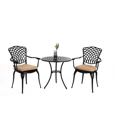 Bistro en fonte d'aluminium, 3 pièces, et antirouille, résistant aux intempéries, noir avec coussin de confort pour patio, fabrication, antirouille,