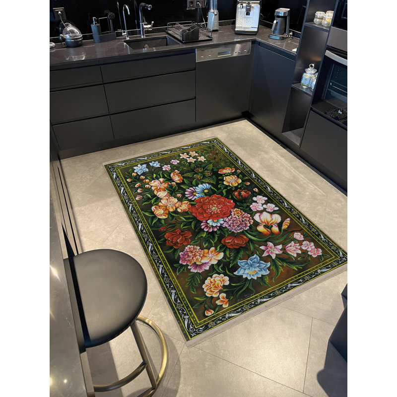 Tapis décoratif multicolore à motif floral frangé rose foncé, Tapis de couloir 3 pi 3,37 po x 6 pi 6,74 po