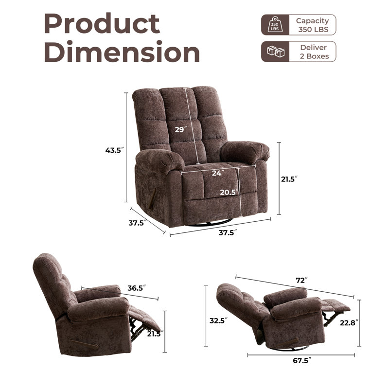 Swivel Rocker Recliner Chair with Heat and Massage, 24" Wide Oversized Rocker Recliner with Overstuffed Backrest,Swivel Glider Recliner for Living Room，Coffee