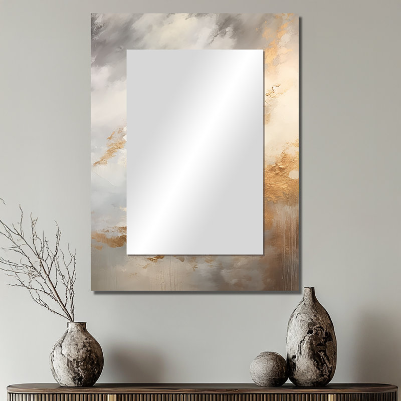 Beige And Gold Minimalism Storms II - Beige Coastal Wall Mirror, 32" x 24"
