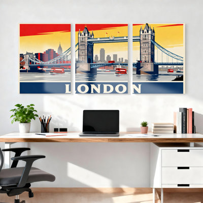 «London Tower Bridge Cityscape», affiche de voyage rétro sur toile tendue, reproduction d'art sur toile, ensemble de 3