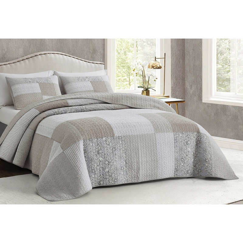 King Size White and Taupe Cotton Patchwork Reversible Quilt Set