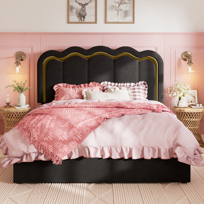 LED Velvet Upholstered Platform Storage Bed Frame With Drawer And Adjustable Headboard, Black, Full