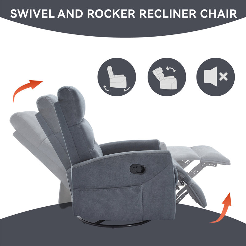 Manual Recliner Chair With Rocker And Swivel In Fabric For Living Room, Gray Fabric