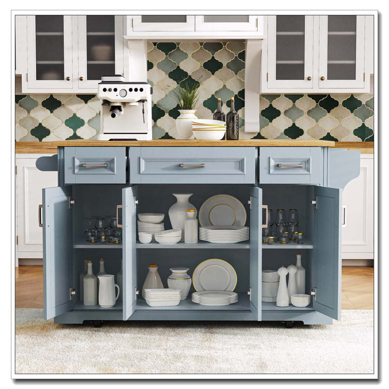 54inch Large Kitchen Island with Rubber Wood Drop Leaf, Embossed Texture Rolling Kitchen Cart on 4 Wheels with 4 Doors and 3 Drawers