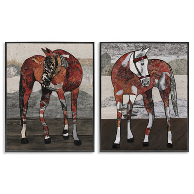"Abstract Patchwork Horses", ensemble de 2 estampes blanches encadrées par Coco Good