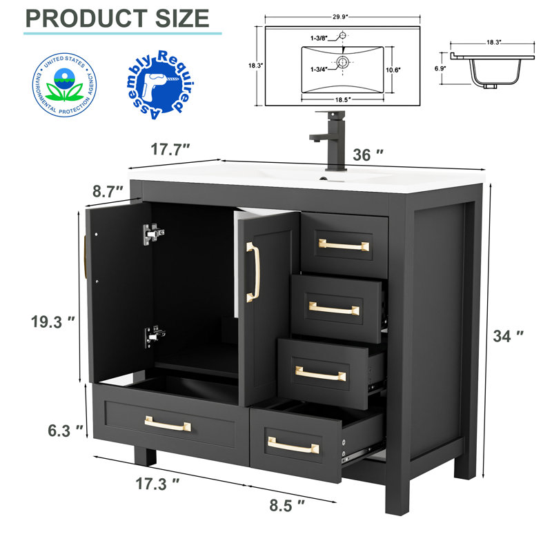 Sharee 36" Single Bathroom Vanity Set With Sink Top, Water Saving Faucet, Pop Up Drain
