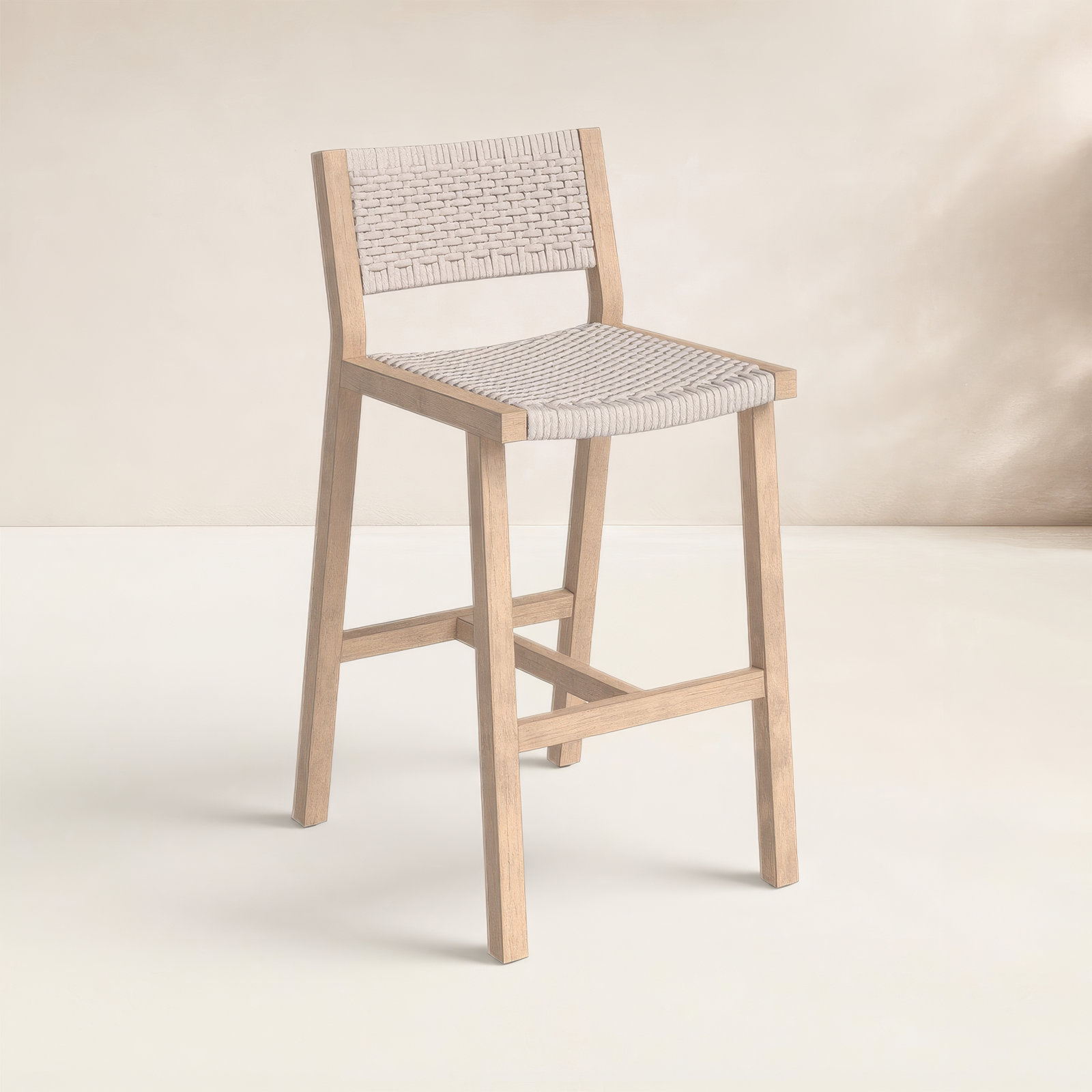 Shea Teak Outdoor Bar Stool, Washed Brown, Bar Stool (29" Seat Height), Gray Rope