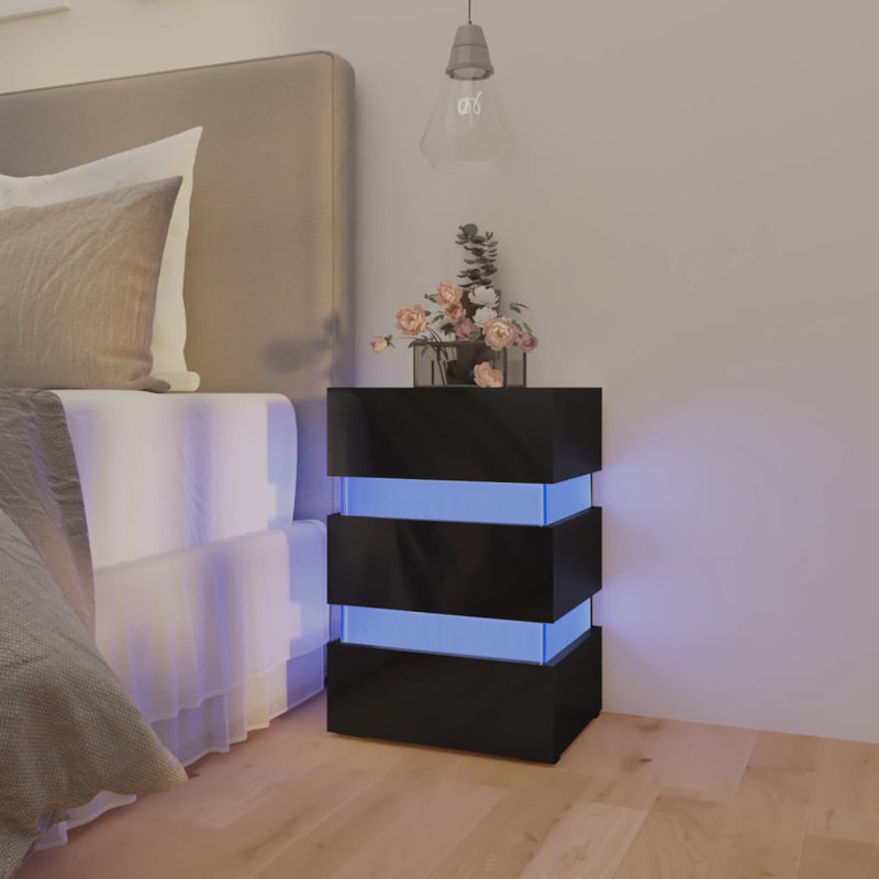 LED Bedside Cabinet Engineered Wood, High Gloss Black, High Gloss Black