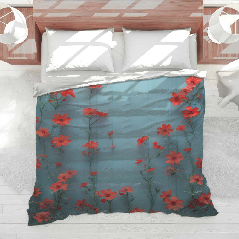 Red Wildflowers On Blue Comforter, Twin Extra Long