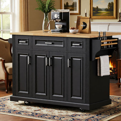 54" Large Kitchen Island With Rubber Wood Drop Leaf, Embossed Texture Rolling Kitchen Cart On 4 Wheels With 4 Doors And 3 Drawers, Kitchen Island With by Lark Manor