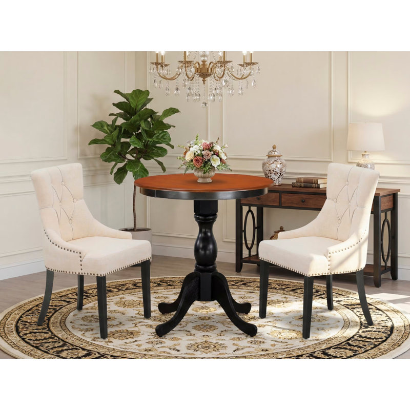 3 Piece Modern Dining Table Set Contains a Round Wooden Table with Pedestal and 2 Light Beige Linen Fabric Parson Dining Chairs, Black & Cherry