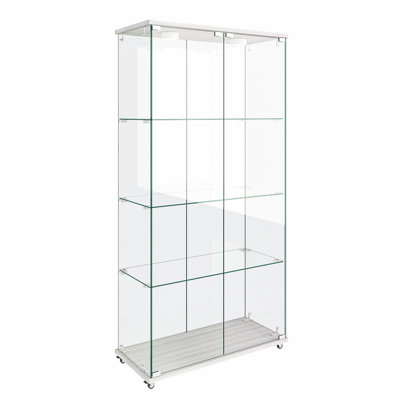 Vitrine moderne en verre avec lumières DEL, armoire antique à assemblage rapide, bibliothèque en verre trempé, convenant au salon et aux chambres à coucher, 2 portes et 4 tablettes, transparent et blanc