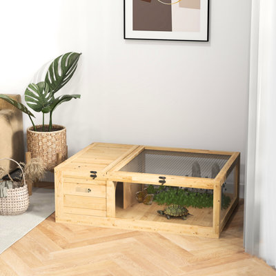 Tortoise House - Wooden Reptile Enclosure For Geckos. 2 Rooms, Stable, Visible Pet Owners Solid Fir Wood Turtle Natural Turtles Yellow