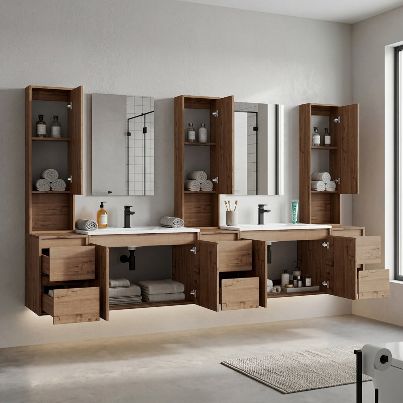 Meuble-lavabo double flottant 96 po avec armoire supérieure, lavabo en céramique et conception sans poignée 96 po, 96"