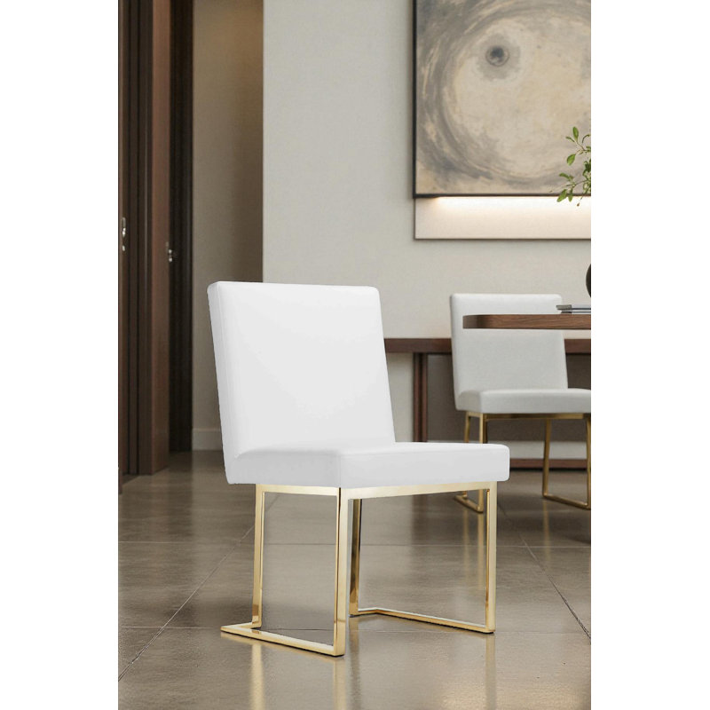 Pangea Home Dexter Modern Upholstered Faux/Vegan Leather Dining Side Chair (Set of 2) – Upholstered Dining Chairs with Steel Legs, Contemporary Kitchen & Dining Room Seating - White with Gold Legs
